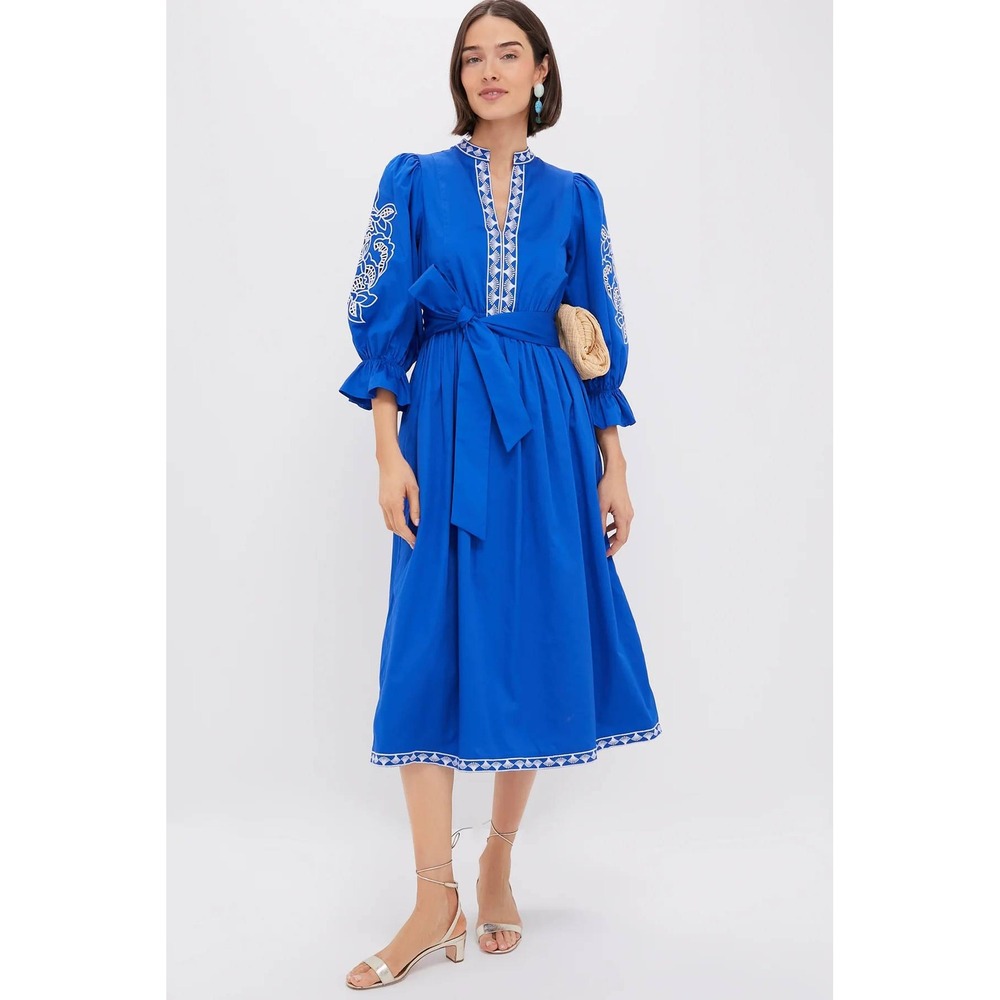Hyacinth House Midi Dress Embroidered Small Blue Cotton Puff Sleeve Belted Boho